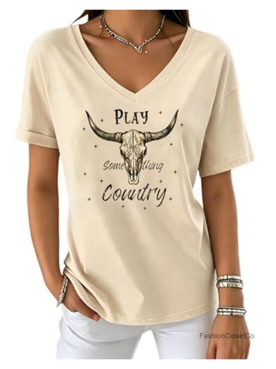 Tops - Women's V Neck Tee Cowboy Graphic Country Music Skull Short Sleeve Tshirt